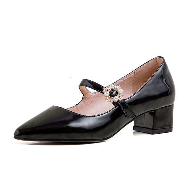 

female 2021 pumps 22-25cm patent mary jane shoes women lining pig + palm of sheep skin pointed toe 5p94, Black