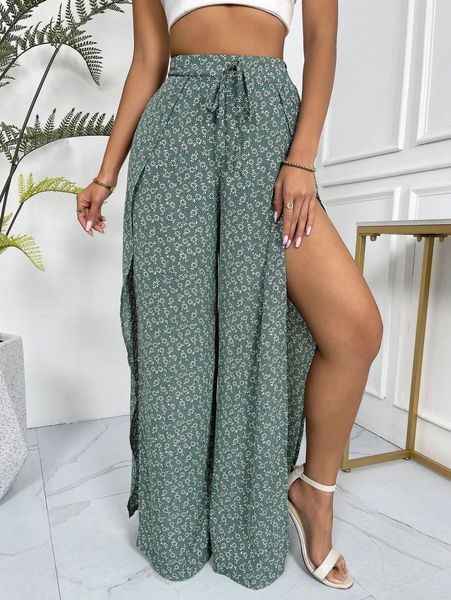 

ditsy floral print split hem pants d5z3#, Black;white