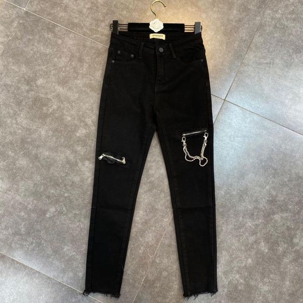 

deat 2020 winter women new style fashion high waist zipper metal chain decoration skinny casual demin pencil pants rd5311, Blue