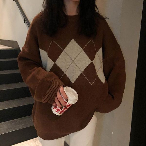 

women's sweaters argyle sweater women oversized long sleeve crew neck pullovers jumper thick warm knit student girl winter casual outfi, White;black