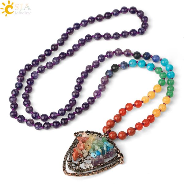 

csja 108 mala bead long necklaces 7 chakra natural stone knotted sweater chain life tree shield pendants for female jewelry g451 201104, Silver