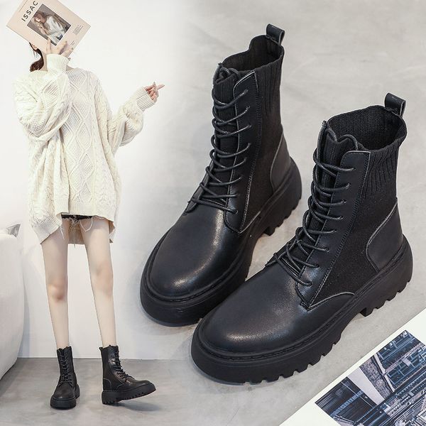 

women's rivet 2020 new korean version fall and winter of flying fabric half stretched boots big size thick bottom c1ex, Black