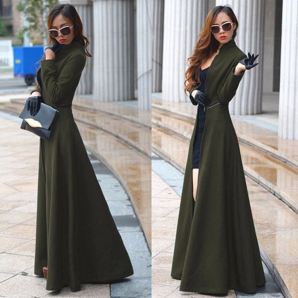

autumn winter long cashmere trench coat europe and america street fashion open fork slim solid coat plus size women cloth 1031, Tan;black