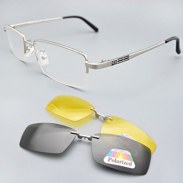 

glasses frame for men + 2pcs magnetic clip-on sunglasses uv400 yellow polarized night vision goggles silver driving mirror, White;black