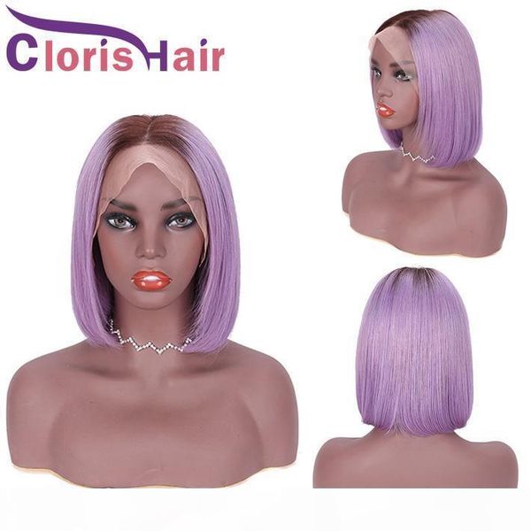 

1b rose purple short human hair lace front wig for black women pre plucked hairline 150% pixie cut straight brazilian glueless ombre bob wig, Black;brown