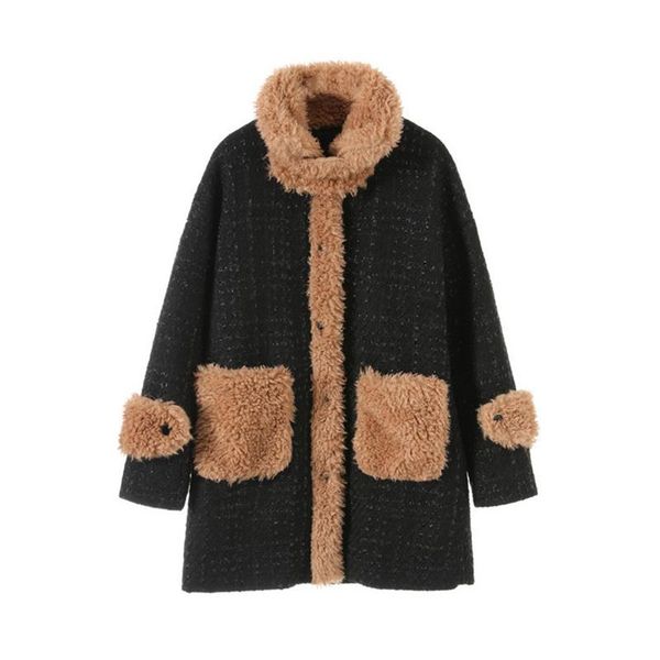 

2021 winter thicken warm teddy fur tweed jacket coat women fashion lamb faux fur overcoat fluffy cozy loose outerwear female, Black