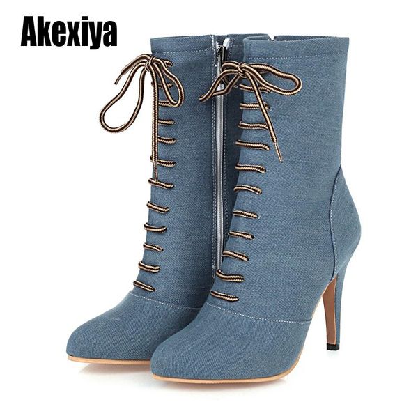 

new boots women 2020 autumn fashion ankle boots pointed toe stiletto heel shoes stretch lace-up high heel botas mujer 43 w055, Black