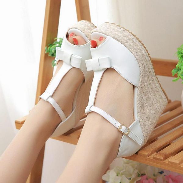 

size 33-41 summer new high heel sandals women wedges peep toe linen platform white sandals, Black