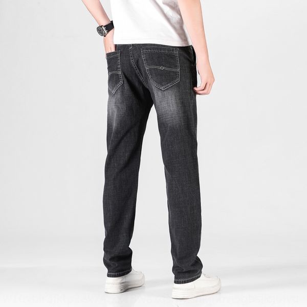 

2020 summer and jeans straight tube slim fit large medium waist men's jeans elastic simple business pants men's mczdx, Blue