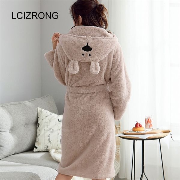 

winter cute warm bathrobes women cartoon bear rabbit knee-length bath robe dressing plus size soft gown bridesmaid robes female y200107, Black;red