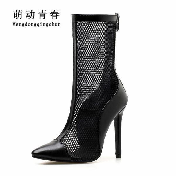 

fashion women autumn boots ladies hollow out pointed toe mesh mid-calf high heeled boats thin heels zip summer boots pumps, Black