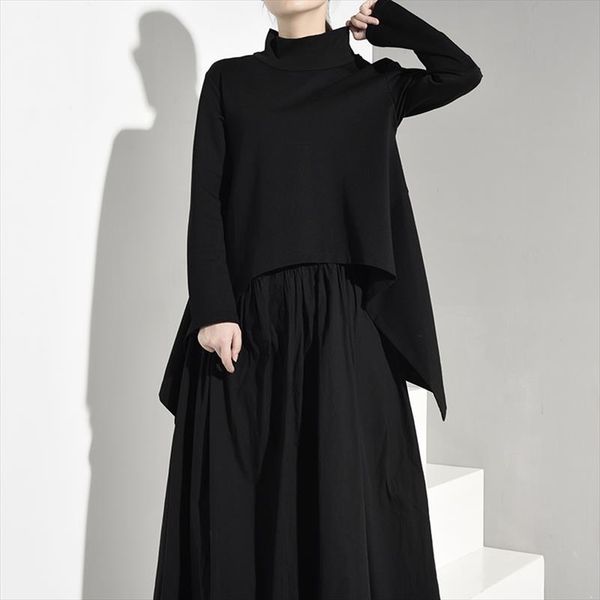 

eam] 2020 новая весна осень высокий воротник с длинным рукавом черный нерегулярные хем сыпучие большой размер толстовка женщины моды tide j, Black