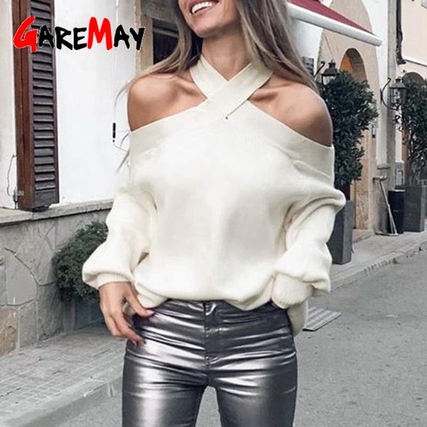 

loose halter cold shoulder knitted sweater women spring casual pullover jumpers sweater elegant pull femmel sweaters 201017, White;black
