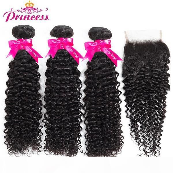 

3 4 beautiful princess hair kinky curly bundles closure double weft remy human hair 3 bundles with closure, Black