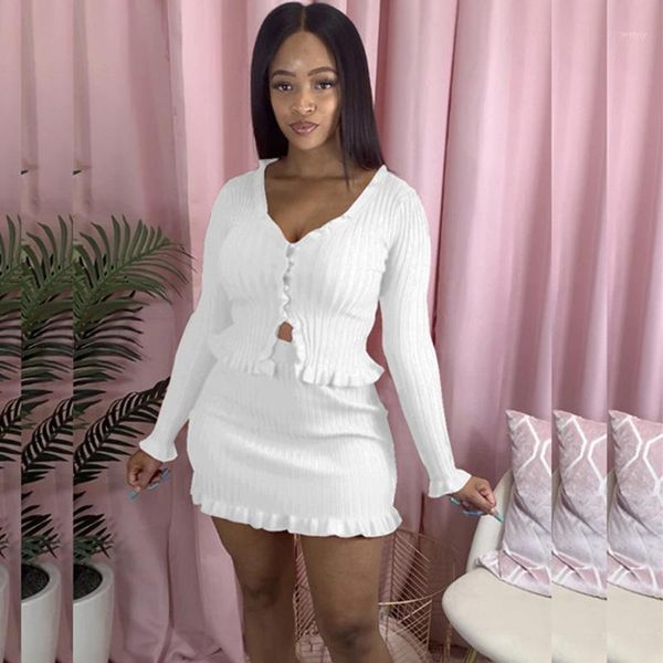 

ribbed two piece skirt set women clothes fall ruffle crop mini skirt set knitted bodycon 2 piece club outfits for women1, Gray