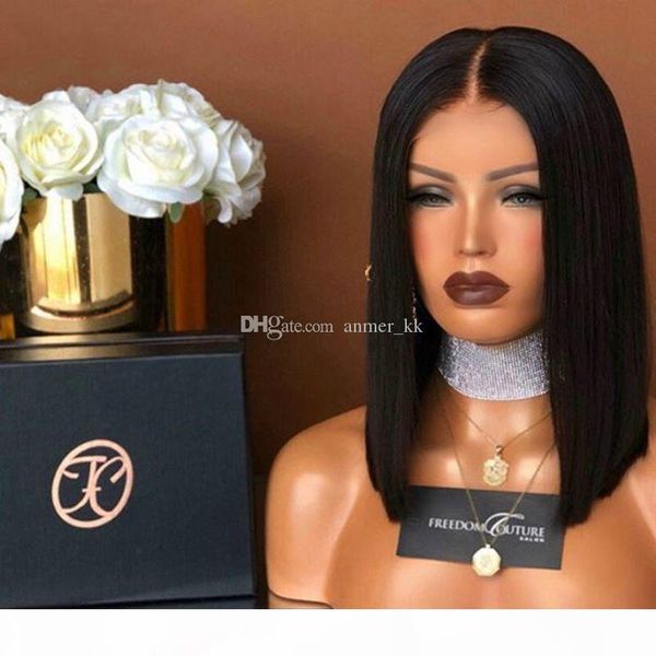 

short bob wigs for black women human hair full lace wigs baby hair bleached knots middle parting lace front human hair wigs, Black;brown
