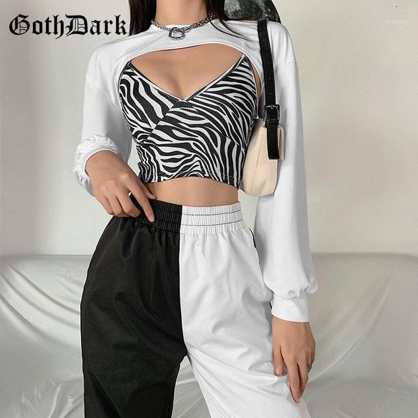 

goth dark gothic aesthetic e-girl zebra printed knitted camis long sleeve white crop sweatshirts two piece set women streetwear1, Black