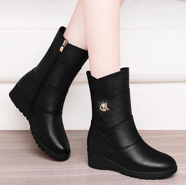 

autumn winter boots leather 2020 new wool and cotton wedges with women's fashion all-match plus velvet warm boots, Black