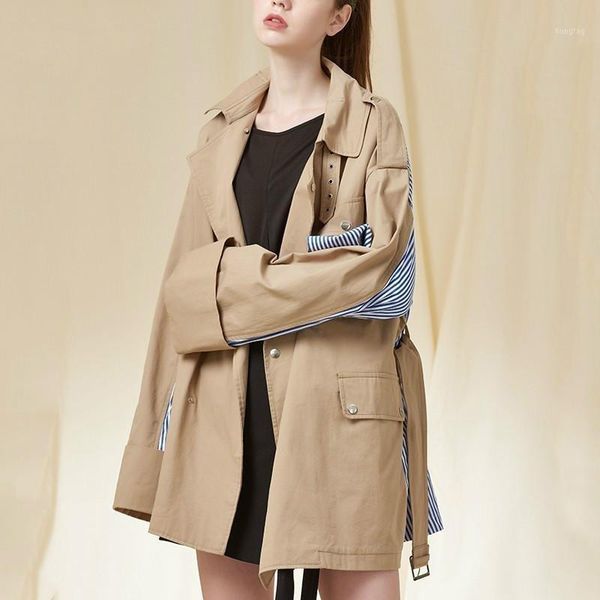 

2020 spring new fashion lapel pockets buttons bandag long sleeve back blue striped patchwork women coat1, Tan;black