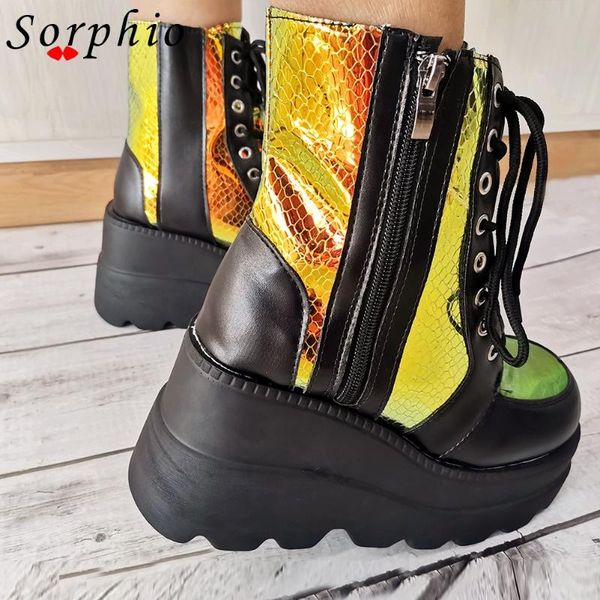 

sorphio ins wholesale female platform ankle boots lace up bling zipper women boots fashion punk autumn winter shoes woman, Black