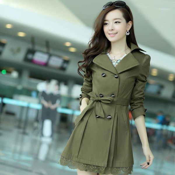 

trench female women's outerwear lace slim medium-long woolen trench1, Tan;black