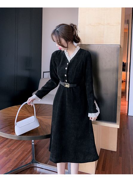

2021 new elegant lace long sleeve midi gothic women designer korean winter one-piece dress lady casual office clothes 6wev, Black;gray
