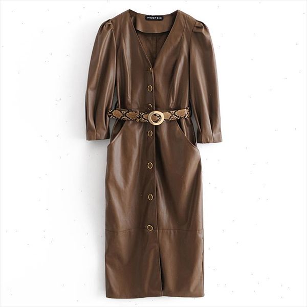 

rr brown v neck dresses women fashion tie belt waist dress women elegant three quarter pu leather dresses female ladies in, Black;gray