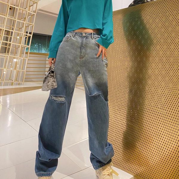 

vogue gradual change color jeans plus size baggy denim pants women high waist ripped hole wide leg casual trousers streetwear, Blue
