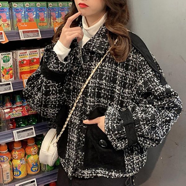 

french plaid tweed coat women vintage outerwear korean long sleeve cropped jacket female 2021 warm streetwear casual office, Black;brown