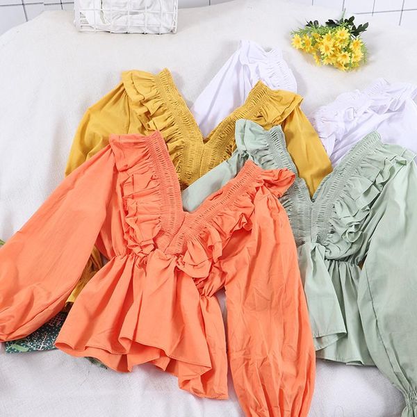 

2021 spring autumn women long sleeve blouse v-neck ruffles shirt female solid backless blouses short ab1938, White