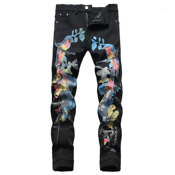 

men's jeans fashion male men's slim birds butterfly 3d print straight black stretch denim pants trousers1, Blue