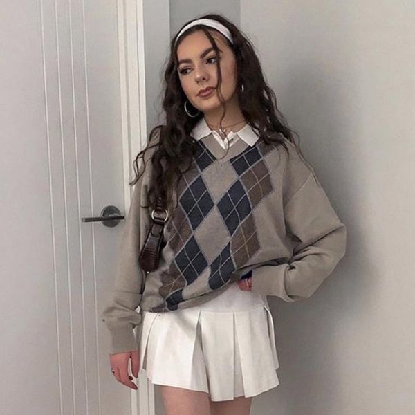 

preppy style vintage v neck sweater women autumn casual argyle plaid y2k jumper female korean fashion pullover winter, White;black