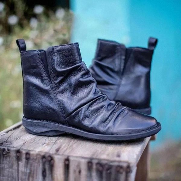 

women punk boots 2020 retro autumn ankle boots pu leather solid color soft sole winter snow black flat ladies shoes #ow4g