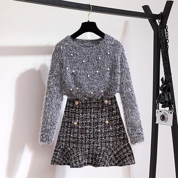 

autumn winter skirt two piece set women beaded pullover sweater and plaid skirt set soft mohair knitted, White