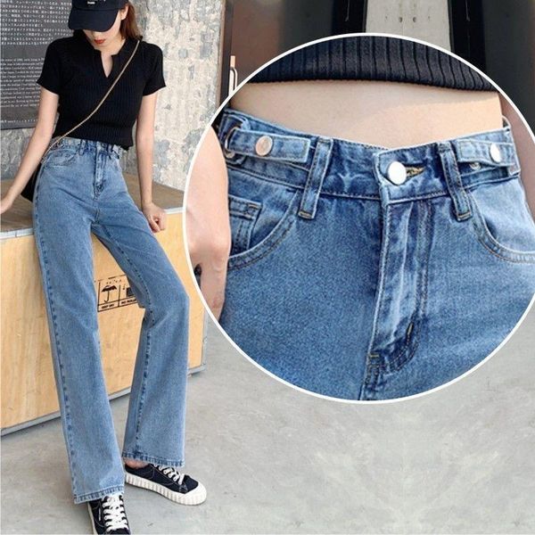 

women's jeans adjustable woman ladies spring and autumn jean taille haute leisurely streetwear fashion pants wide leg trousers, Blue