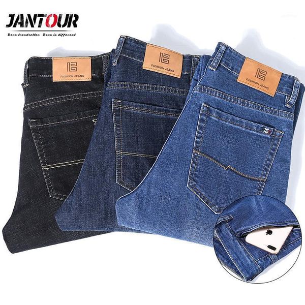 

jantour brand men's jeans loose wide leg pants straight elastic anti-theft zipper denim trousers male 3 colour large size 29-441, Blue