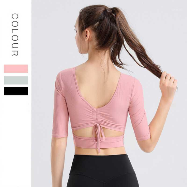 

outdoor t-shirts yoga t-shirt women sports short sleeve gym beauty back slim quick-drying round neck running yoga1, Gray;blue