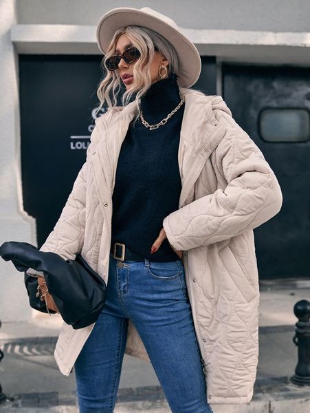 

drop shoulder zipper hooded quilted coat d9mv#, Black