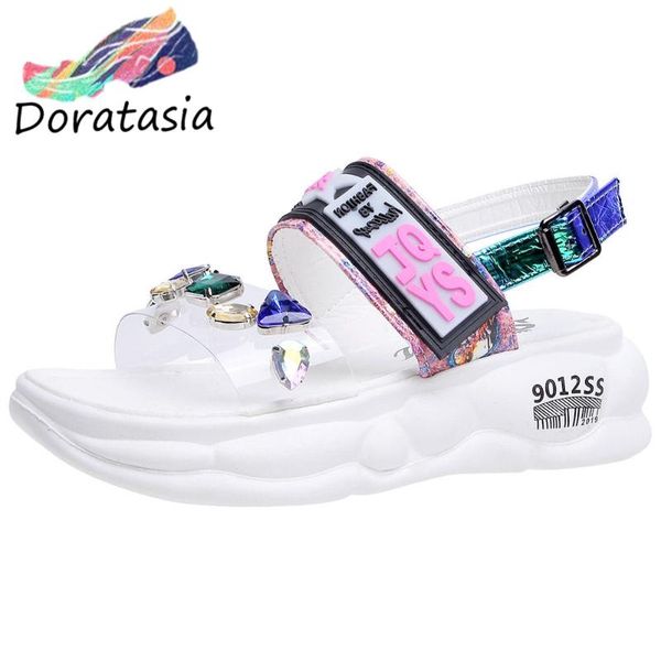

doratasia cool women open toe rhinestoine buckle strap platform beach shoes casual sandals women fashion punk sandals, Black