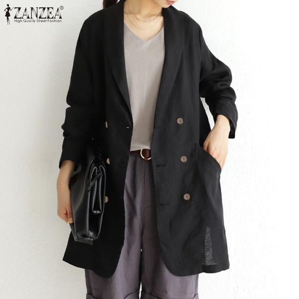 

zanzea autumn blazers women casual cotton linen outwear vintage long sleeve blazer thin coats female buttons jackets cardigan, White;black