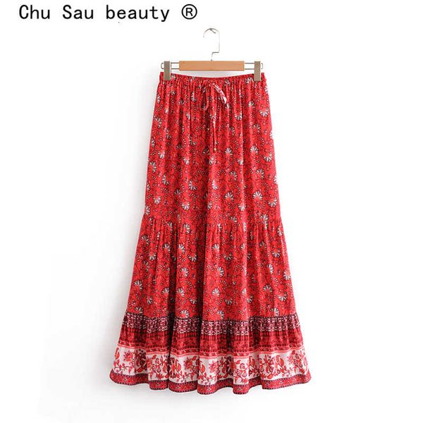 

chu sau beauty new fashion 2021 boho style floral print skirt women holiday chic elastic waist long skirts female falda de moda cx200703, Black