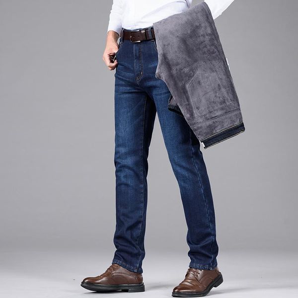 

men's pants large size winter warm thick thermal velvet jeans denim trousers gents casual plush blue stretch comfortable men, Black