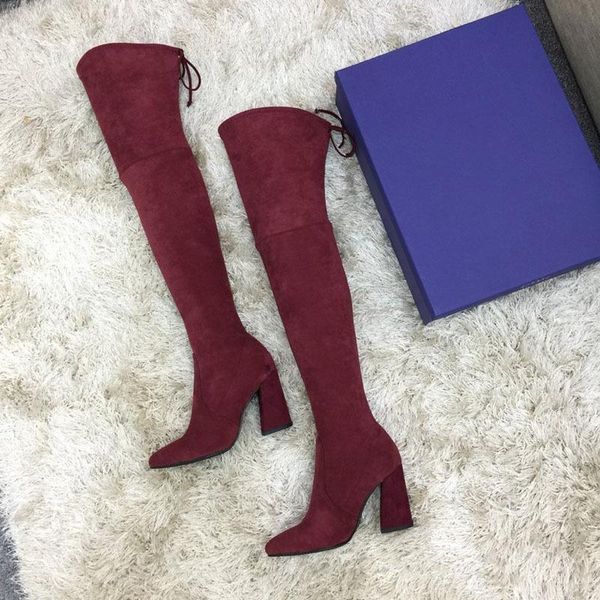 

boots autumn and winter knee high thick heel plush thin leg elastic shoes, Black
