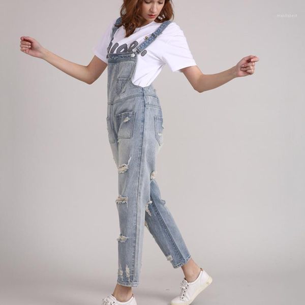 

broken hole nine points large size suspenders jumpsuit fatty mm denim overalls female loose korean version thin jeans1, Blue