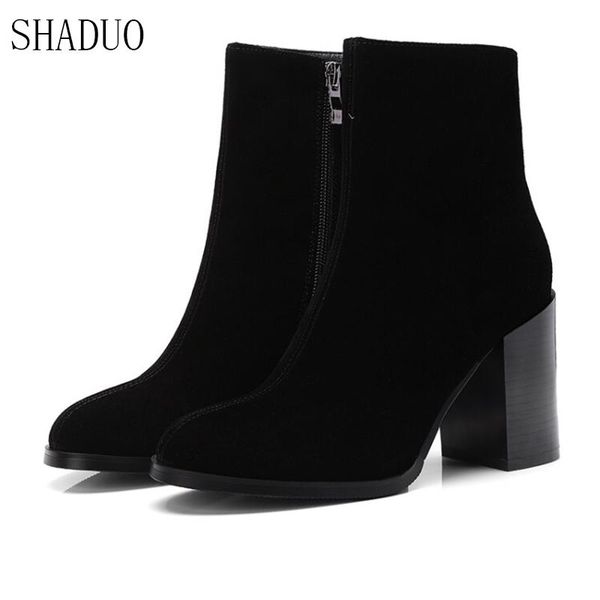 

boots 2021 shaduo matte leather round head high heel women, Black