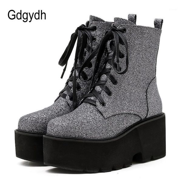 

boots gdgydh fashion bling western ankle for women black silver platform chunk heel ladies gothic lace up ins products1