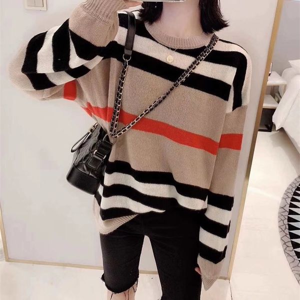 

ladies sweater women autumn winter clothes knitted pullover knitwear loose striped sweaters female a5782 y200720, White;black