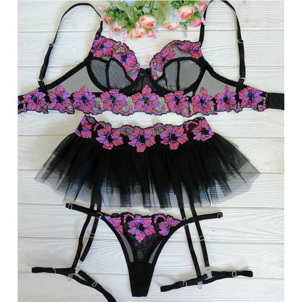 

ladies erotic lingerie cosplay costumes bra +skirt woman underwear set sleepwear flower lace exotic sets embroidered, Black;white