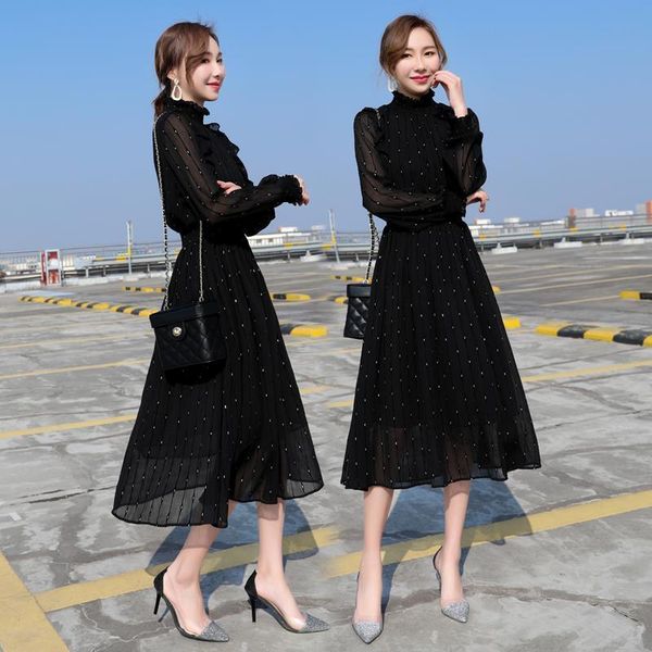 

black party elegant mesh sleeve spring autumn polka dot solid dress autumn women fashion dresses drop shipping, Black;gray