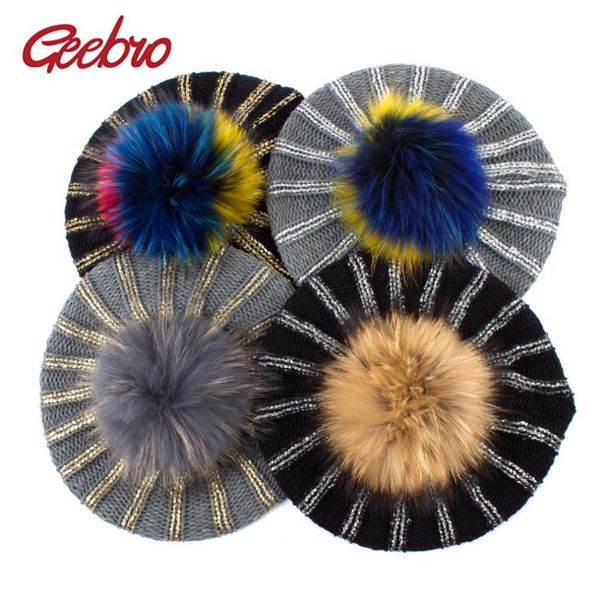 

berets geebro women's bronzing black hat ladies spring casual knitted acrylic french beret cap with real raccoon fur pompon, Blue;gray